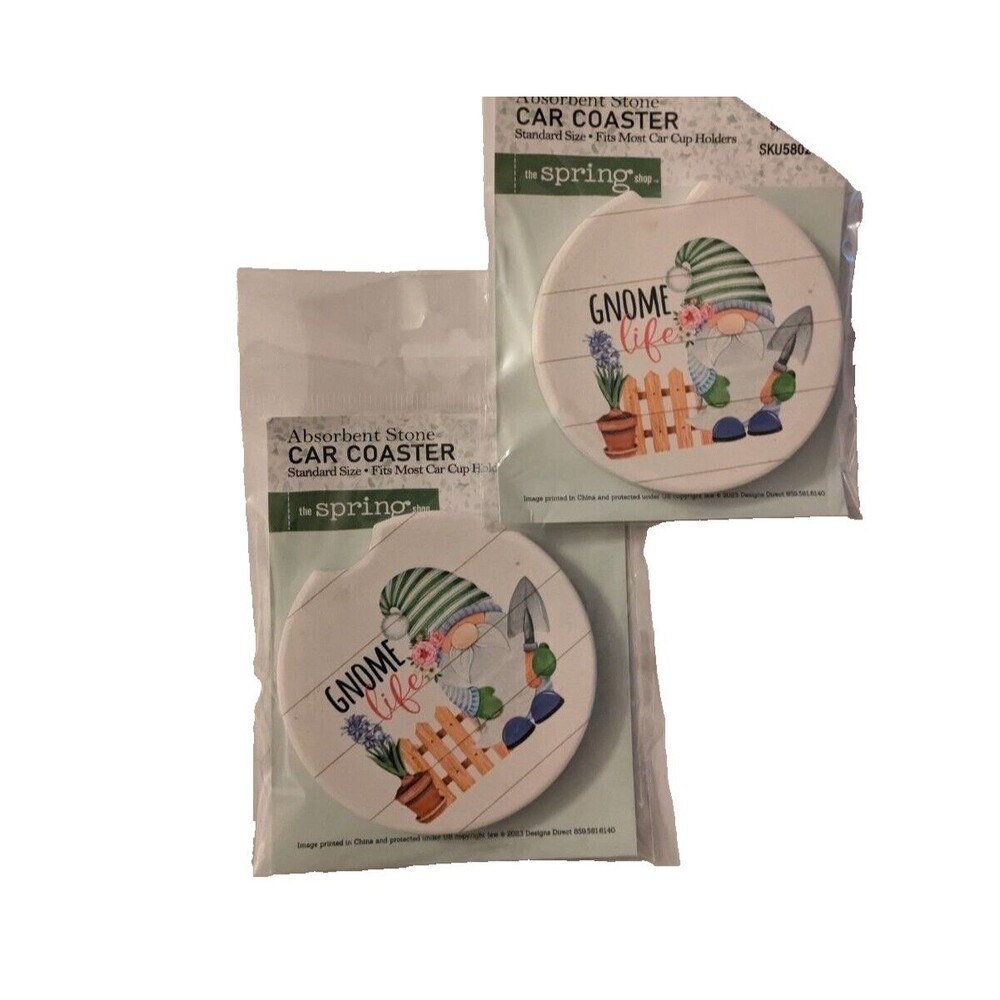 (Set of 2) GNOME LIFE Car Coasters Absorbent Stone Fits Car Cup Holders 2.5" NEW